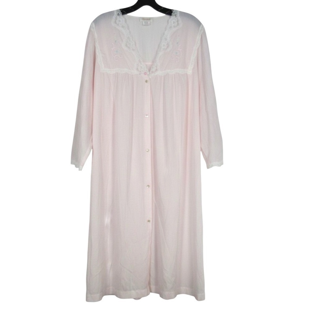 NWT VTG BARBIZON Thin LAWN Pink LACE NECKLINE Button-Down LOUNGE ROBE Sz XL